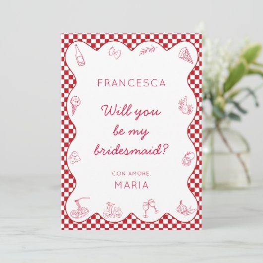 Italian Bridal Party Proposal Red Gingham Amore Kaart (Staand voorkant)