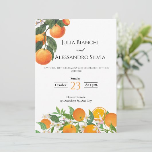 Italian Citrus Orange Blossom Wedding Invitation Kaart (Staand voorkant)