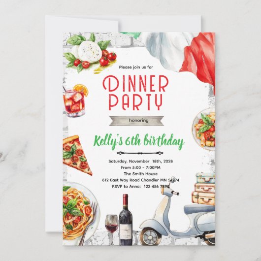 Italian Dinner birthday party Invitation Kaart (Voorkant)