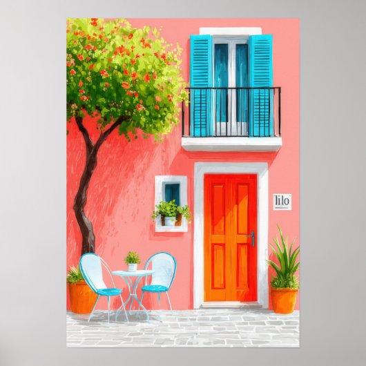 Italian facade with a blooming tree poster (Voorkant)