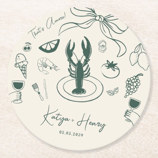 Italian Food Hand Drawn Wedding Engagement Party Ronde Kartonnen Onderzetter (Voorkant)