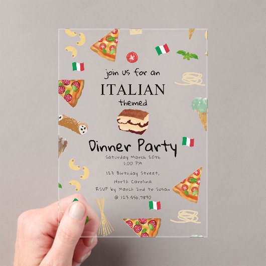 Italian Food Pizza & Pasta Dinner Party Theme Acryl Uitnodigingen (Insitu (Draagbaar))