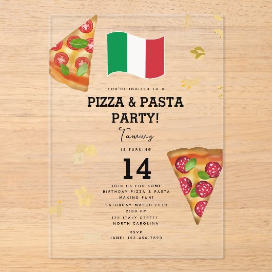 Italian Food Pizza & Pasta Making Birthday Party Acryl Uitnodigingen (Voorkant)
