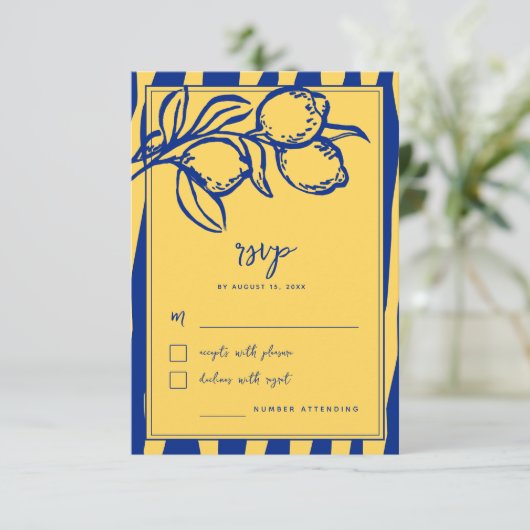 Italian Hand Drawn Lemon Handwritten Blue Wedding RSVP Kaartje (Staand voorkant)