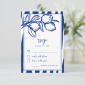 Italian Hand Drawn Lemon Handwritten Blue Wedding RSVP Kaartje (Staand voorkant)