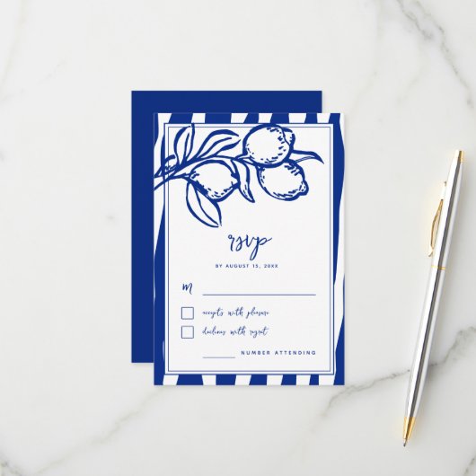 Italian Hand Drawn Lemon Handwritten Blue Wedding RSVP Kaartje (Voorkant / Achterkant in situ)