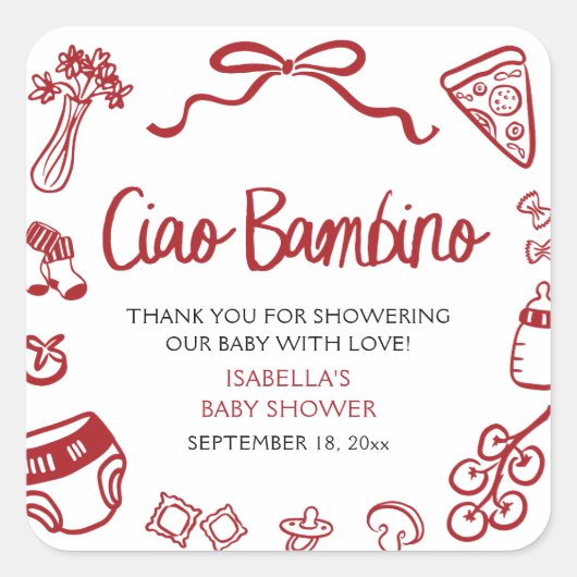 Italian Hand Drawn Pizza Ciao Bambino Baby Shower Vierkante Sticker (Voorkant)