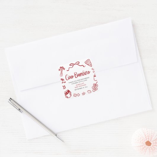 Italian Hand Drawn Pizza Ciao Bambino Baby Shower Vierkante Sticker (Envelop)