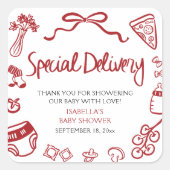 Italian Hand Drawn Special Delivery Baby Shower Vierkante Sticker (Voorkant)