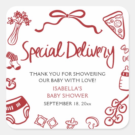 Italian Hand Drawn Special Delivery Baby Shower Vierkante Sticker (Voorkant)