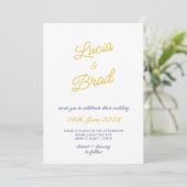 Italian Hand Written Yellow & Blue Stripes Wedding Kaart (Staand voorkant)