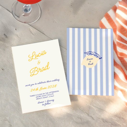 Italian Hand Written Yellow & Blue Stripes Wedding Kaart