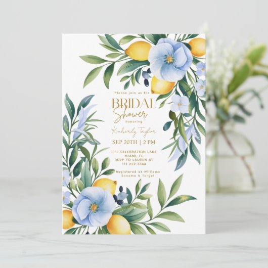 Italian Lemon Blue Floral Citrus Vrijgezellenfeest Kaart (Staand voorkant)