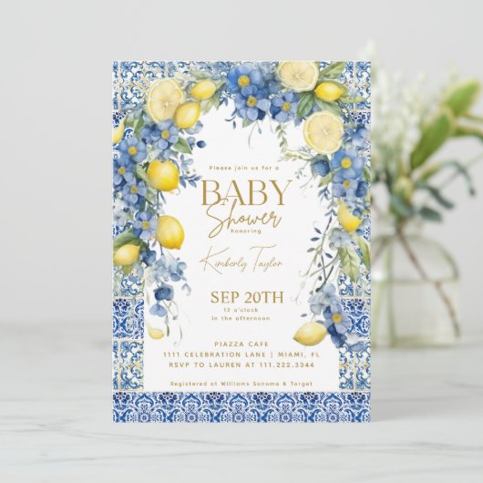 Italian Lemon Blue Tegels Italië Baby shower Kaart (Staand voorkant)