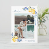 Italian Lemon Floral & Bow Blue and Yellow Wedding Bedankkaart (Staand voorkant)