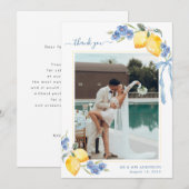 Italian Lemon Floral & Bow Blue and Yellow Wedding Bedankkaart (Voorkant / Achterkant)