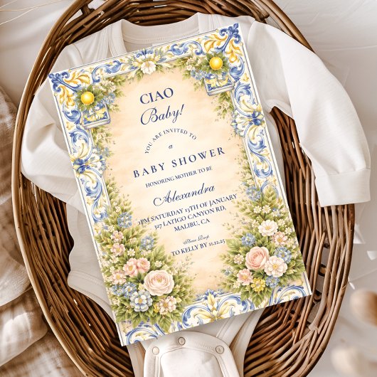 Italian Lemon Floral Frame Baby Shower Kaart
