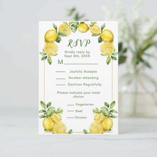 Italian Lemon Greenery Lijst Wedding RSVP Kaartje (Staand voorkant)