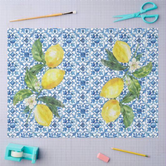 Italian Lemons Blue White Tile Decoupage Tissuepapier (Craft)
