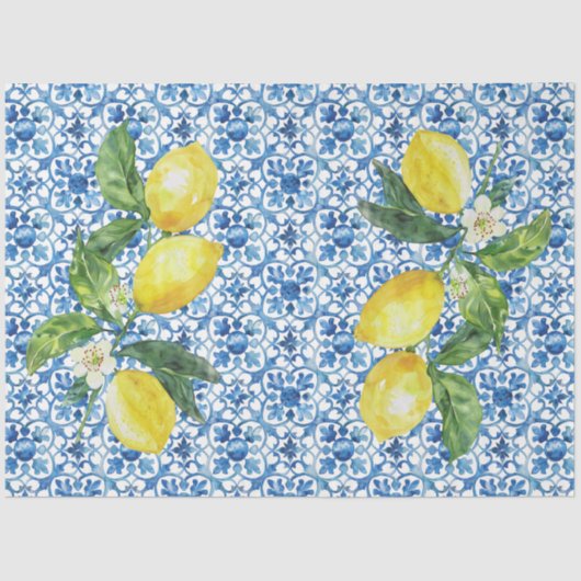 Italian Lemons Blue White Tile Decoupage  Tissuepapier (Voorkant)