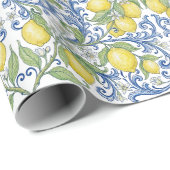 Italian Mediterranean Blue Lemon Floral Cadeaupapier (Rol Hoek)