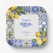 Italian Mosaic Blue Tile Lemons Bridal Shower Papieren Bordje (Voorkant)