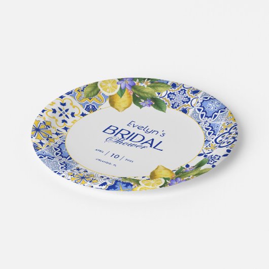 Italian Mosaic Blue Tile Lemons Bridal Shower Papieren Bordje (Gekanteld)