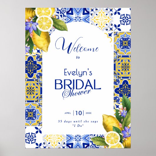 Italian Mosaic Blue Tile & Lemons Bridal Shower Poster (Voorkant)