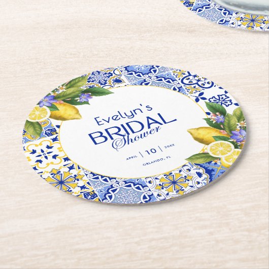 Italian Mosaic Blue Tile Lemons Bridal Shower Ronde Kartonnen Onderzetter (Gebogen)