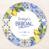 Italian Mosaic Blue Tile Lemons Bridal Shower Ronde Kartonnen Onderzetter (Voorkant)