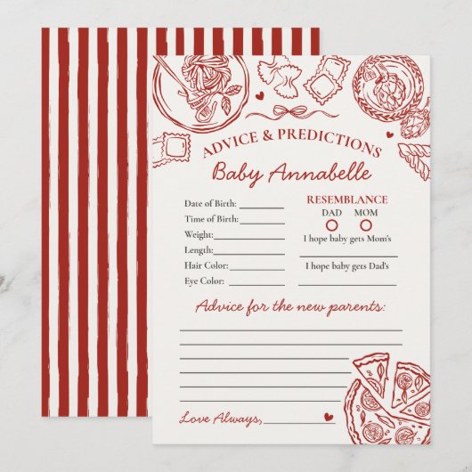 Italian Pasta Advice for Baby Shower Card Kaart (Voorkant / Achterkant)
