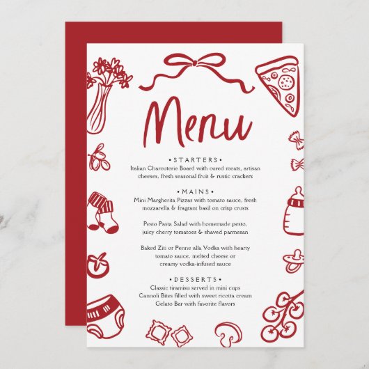 Italian Red Hand Drawn Pizza Pasta Baby Shower Menu (Voorkant / Achterkant)