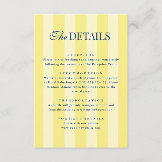 Italian Striped Blue & Yellow Wedding Details Informatiekaartje (Voorkant)