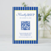 Italian Striped Blue & Yellow Wedding QR Code RSVP Kaartje (Staand voorkant)