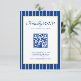 Italian Striped Blue & Yellow Wedding QR Code RSVP Kaartje