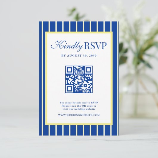 Italian Striped Blue & Yellow Wedding QR Code RSVP Kaartje (Staand voorkant)