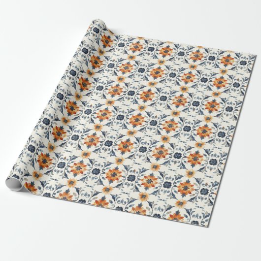 Italian Tile Gift Wrap, Terracotta Blue Pattern Cadeaupapier (Uitgerold)