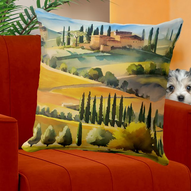 Italian Tuscan Watercolor Landscape Kussen (Pillow featuring a watercolor painting of an Italian Tuscan landscape.)