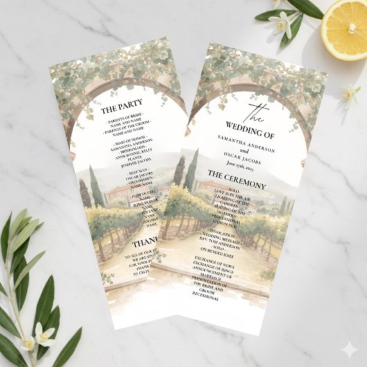 Italian Vineyard Wedding Program | Tuscan Arch Menu