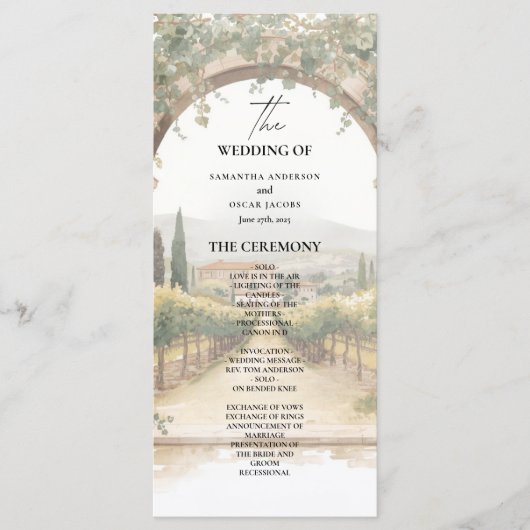 Italian Vineyard Wedding Program | Tuscan Arch  Menu (Voorkant)