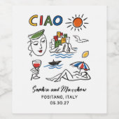 Italian Wedding Whimsical Hand Drawn Amalfi Coast  Wijn Etiket (Enkel label)