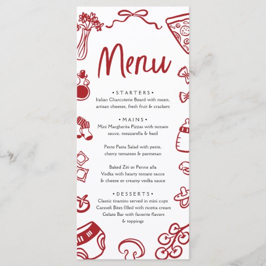 Italian Whimsical Red Hand Drawn Pizza Baby Shower Menu (Voorkant)
