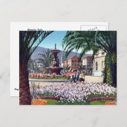 Italië, Alassio, Bloemen rond de fontein Briefkaart (Voorkant / Achterkant)
