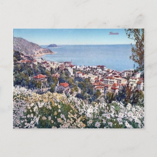 Italië, Alassio, Flowers en een zee uitzicht Briefkaart (Voorkant)