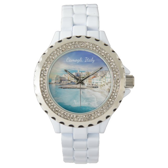 Italië Beach Mediterranean Zee Painting Monogram Horloge (Voorkant)