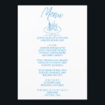 Italië Blauw Handgeschreven getekend Mediterrane b Menu<br><div class="desc">Een  retro funky modern blauw-wit huwelijksdiner menu. Met een chique sjabloon ontwerp van witte achtergrond en blauw handgeschreven typografie. Met Hand getrokken tafel set van wijn fles en glazen en een gerecht en een vork. Een perfecte en bijpassende met de hele suite.</div>