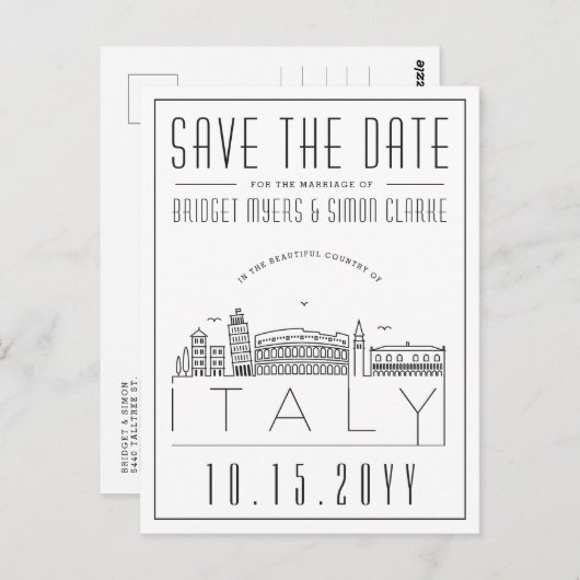 Italië bruiloft | Gestileerde skyline De datum ops Briefkaart (Voorkant / Achterkant)