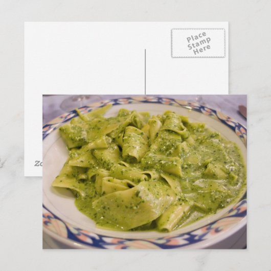 Italië, Camogli. Bord van deegwaren met pesto Briefkaart (Voorkant / Achterkant)