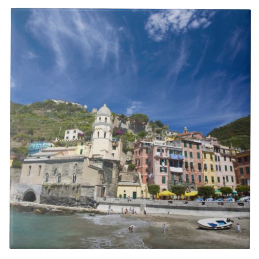 Italië, Cinque Terre, Vernazza, Harbour en Church  Tegeltje (Voorkant)