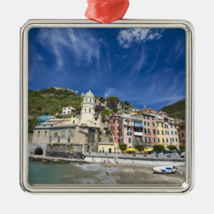 Italië, Cinque Terre, Vernazza, Haven en Kerk 2 Metalen Ornament